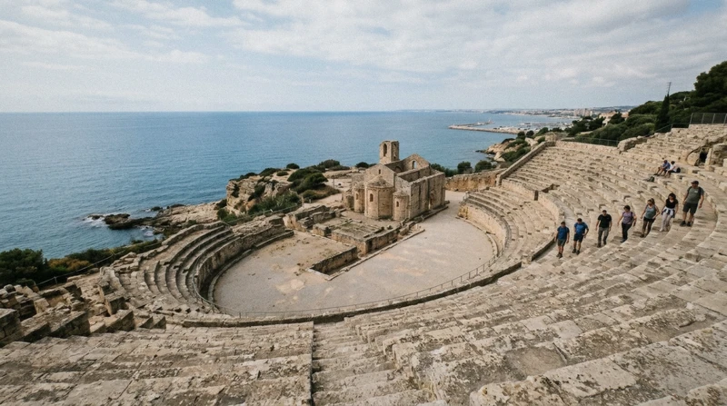 Roman amphitheatre above the sea at Tarragona on a Tarragona and Sitges day trip from Barcelona, Catalonia