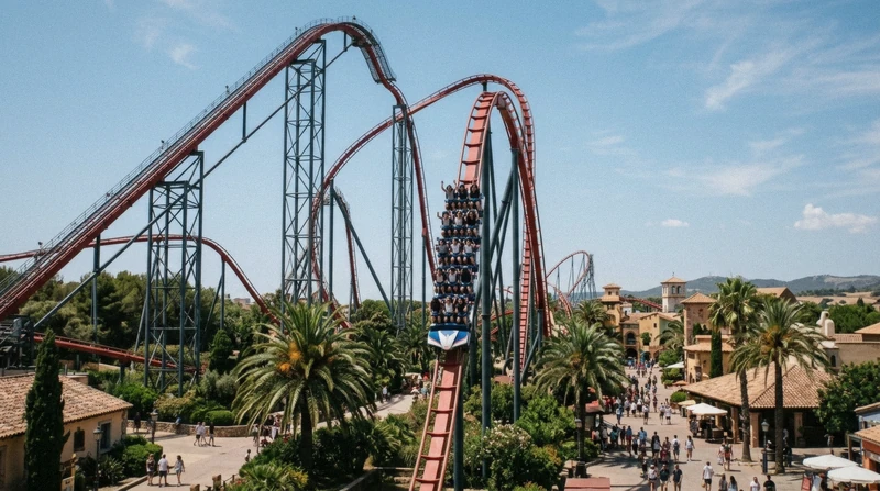 Rollercoaster track above the themed zones at PortAventura on a PortAventura day trip from Barcelona, Catalonia