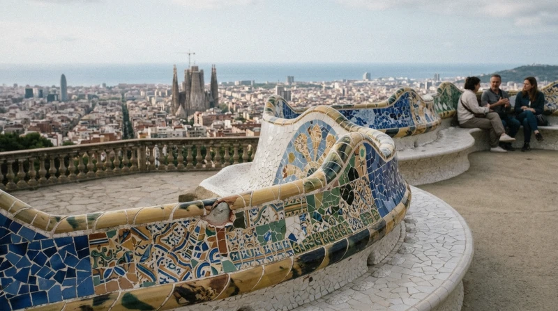 Mosaic terrace at Park Güell above Barcelona on a one-day Barcelona city tour before a day trip from Barcelona, Catalonia