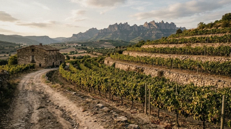 Vineyard rows below the Montserrat massif on a Montserrat winery and wine tasting day trip from Barcelona, Catalonia