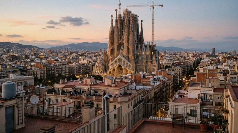 Sagrada Família towers and the Montserrat ridge on a combined Sagrada Família and Montserrat day trip from Barcelona, Catalonia