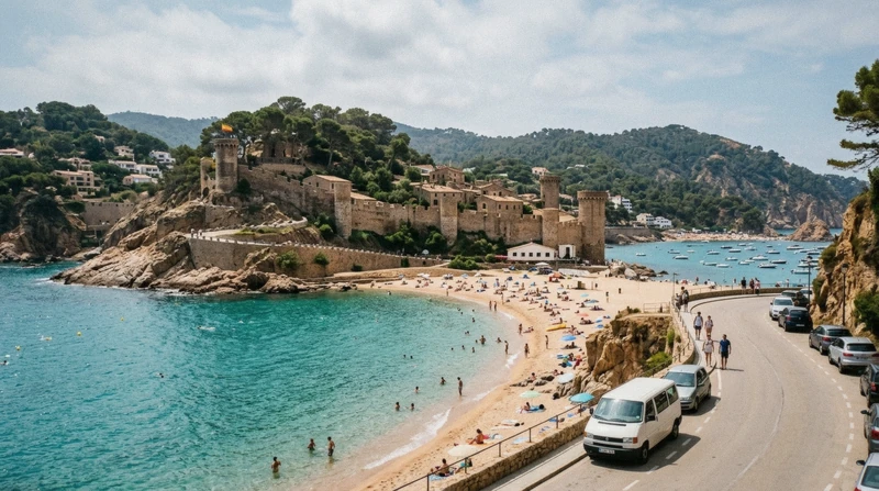 Small tour van above the Costa Brava coast at Tossa de Mar on a Girona and Costa Brava day trip from Barcelona, Catalonia